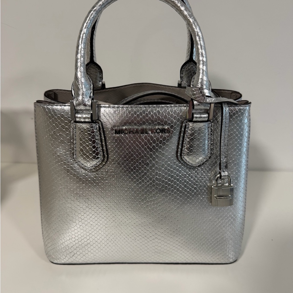 MICHAEL KORS Metallic Silver Snake-Embossed Satchel